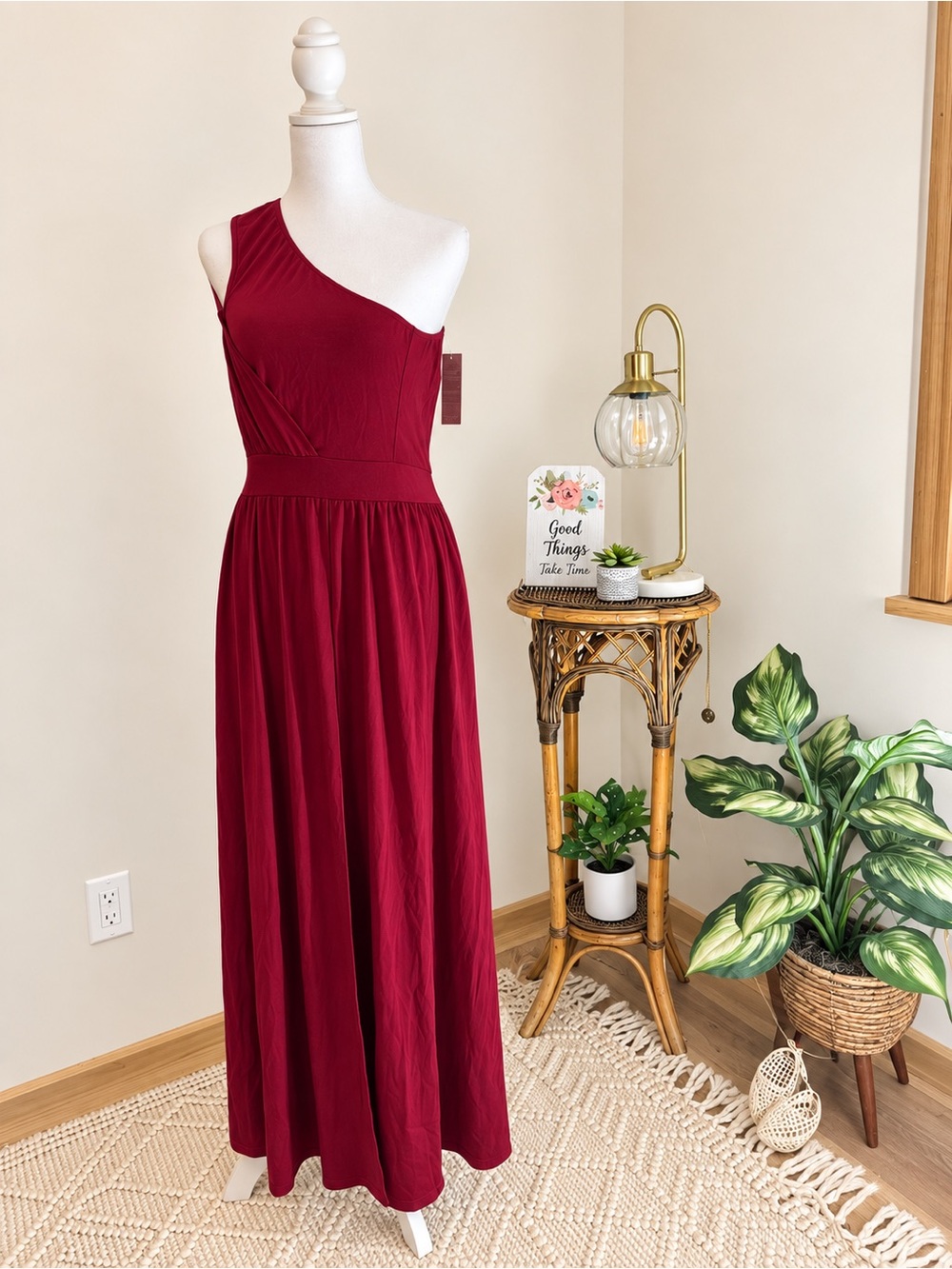 One-Shoulder Burgundy Midi Dress for Women